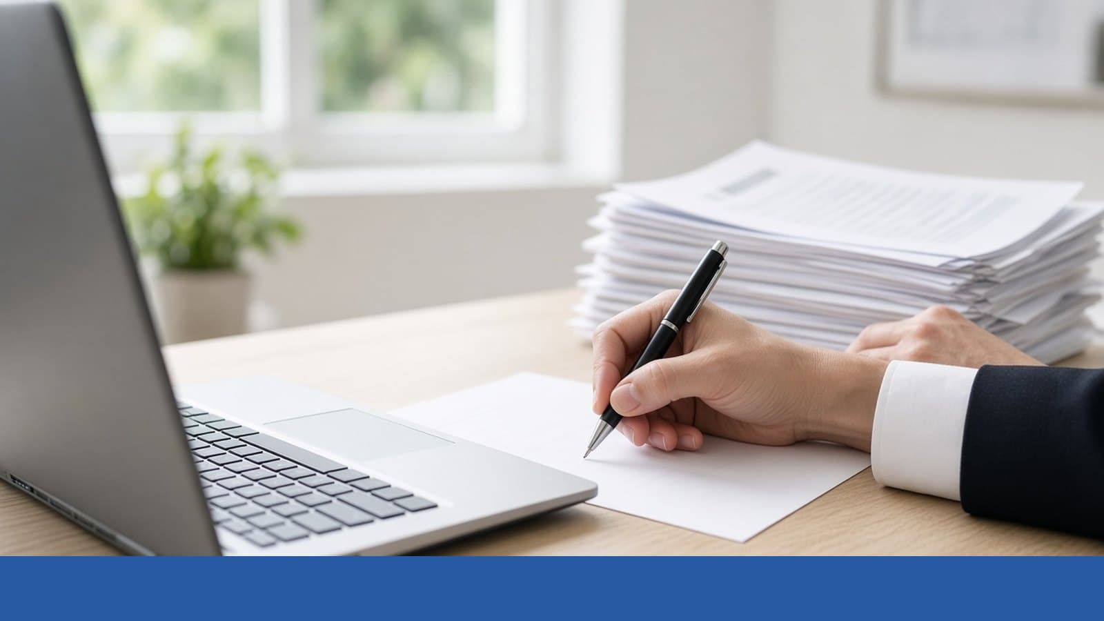 Hands drafting an appeal letter beside a laptop