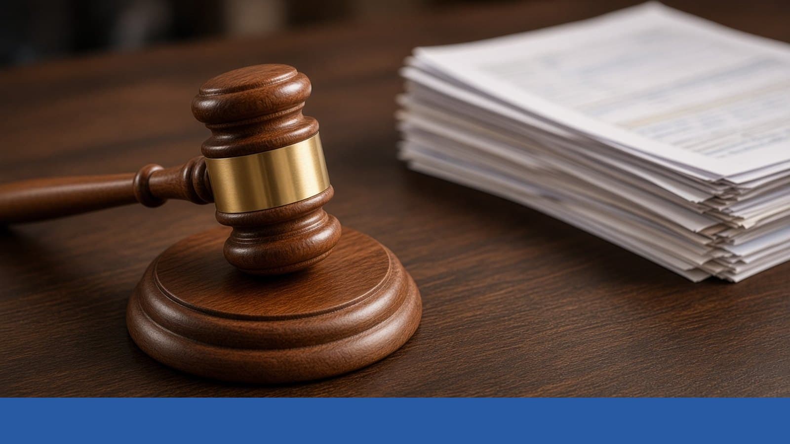 Wooden gavel beside a stack of claim paperwork