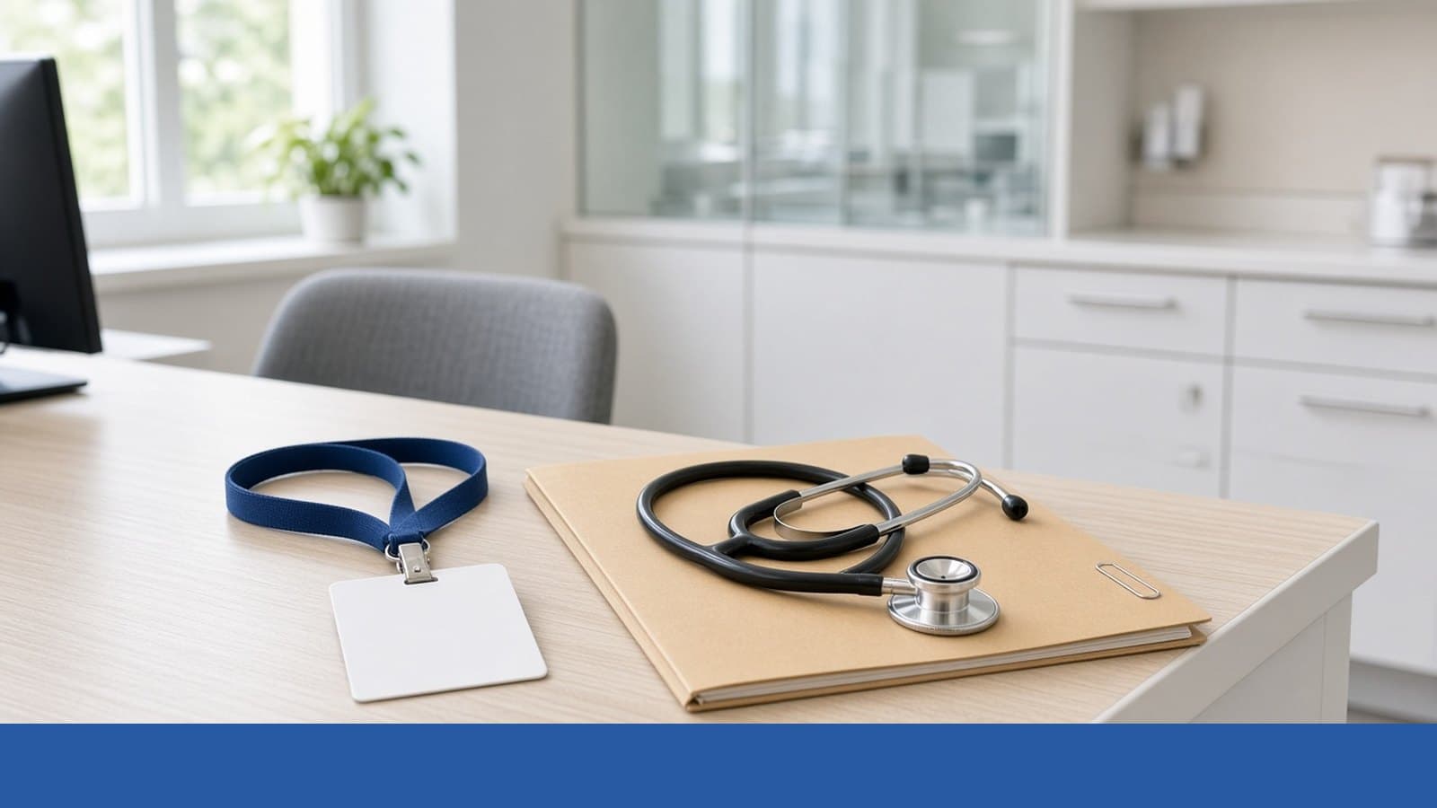 Hospital ID badge, folder, and stethoscope on a credentialing desk
