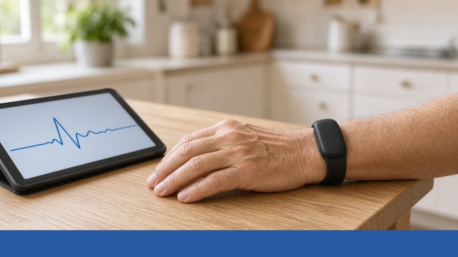 Wrist health monitor beside a tablet showing a heart-rate line